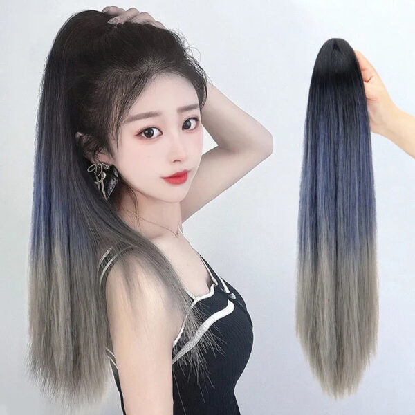 Ponytail Extension Straight - Ombre - Three Color Haze Blue - Image 4